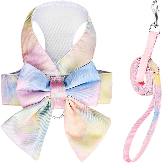 PETCARE Cute Bow Tie Dog Harness and Leash Set Elegant Rainbow Gradient Puppy Harness No Pull Soft Mesh Pet Cat Dog Vest Harnesses for Small Dogs Cats, Yellow