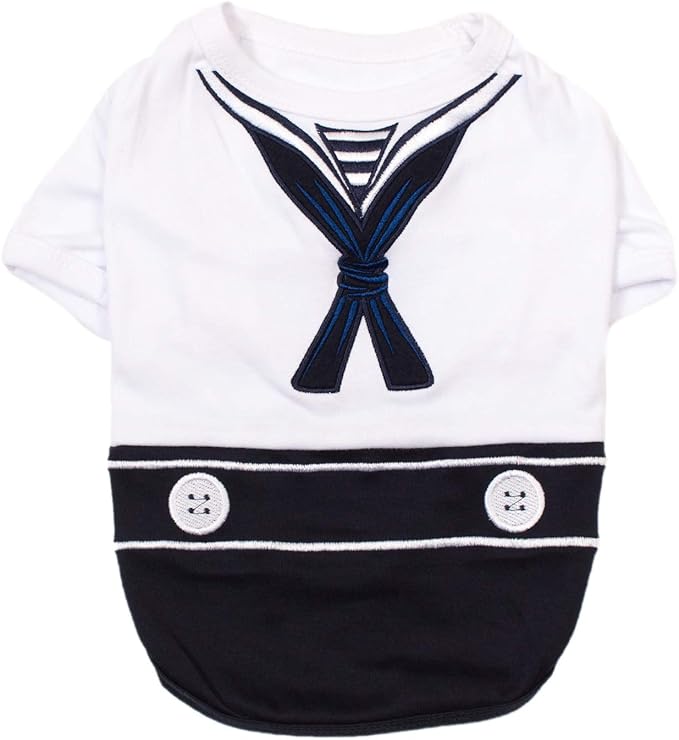Parisian Pet Embroidered Sailor Dog Costume - 100% Cotton & Polyester - Sleeved Dog Clothes - Blue and White - 2XL