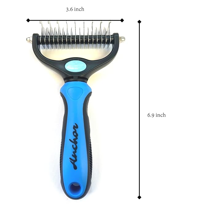 ANCHOR Pet Grooming Brush-Double Sided Shedding and Dematting Undercoat Rake Comb for Dogs and Cats, No More Nasty Shedding or Flying Hair (Blue), 1.0 Count