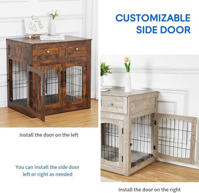 Dog Crate Furniture with 3 Doors,39.4" Large Dog Crate with 2 Drawer & Cushion,Wooden Dog House Kennel for Medium/Large Dog (39.4" L×23.6" W×40" H)
