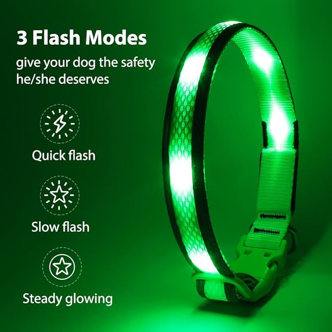 LED Dog Collar Rechargeable - BSEEN Light Up Dog Collar, Glow in The Dark Dog Collar Light, Reflective Dog Collar Safety Dog Lights for Night Walking (Medium, Green Ⅱ)