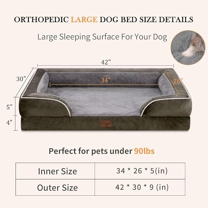 Orthopedic Memory Foam Dog Bed, Cooling Dog Bed, Dog Beds for Extra Large Dogs, XL Dog Bed with Removable Cover, Waterproof Pet Bed Large with Bolster(X-Large,Olive Green)