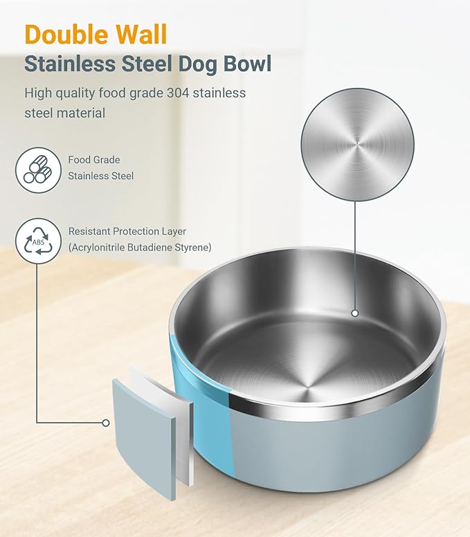 Stainless Steel Bowls for Large Dogs, 64 Ounces/8 Cup Food and Water Bowl, Double Wall Weighted Dish, Rustproof Metal Pet Bowls With Non-Slip Silicone Base