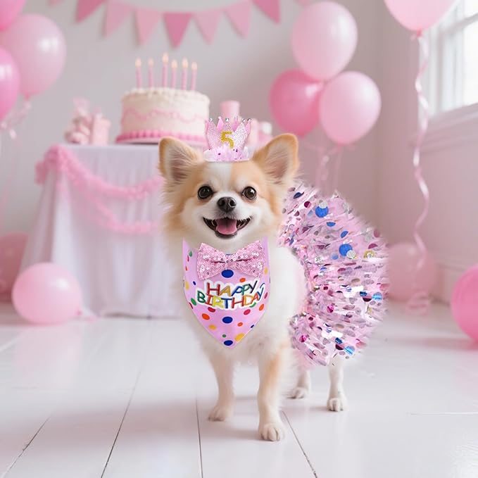 hoyuwak Dog Birthday Party Supplies Girl Dog Birthday Bandana Tutu Set Cute Hat Bow Tie Set for Large Medium Small Dogs
