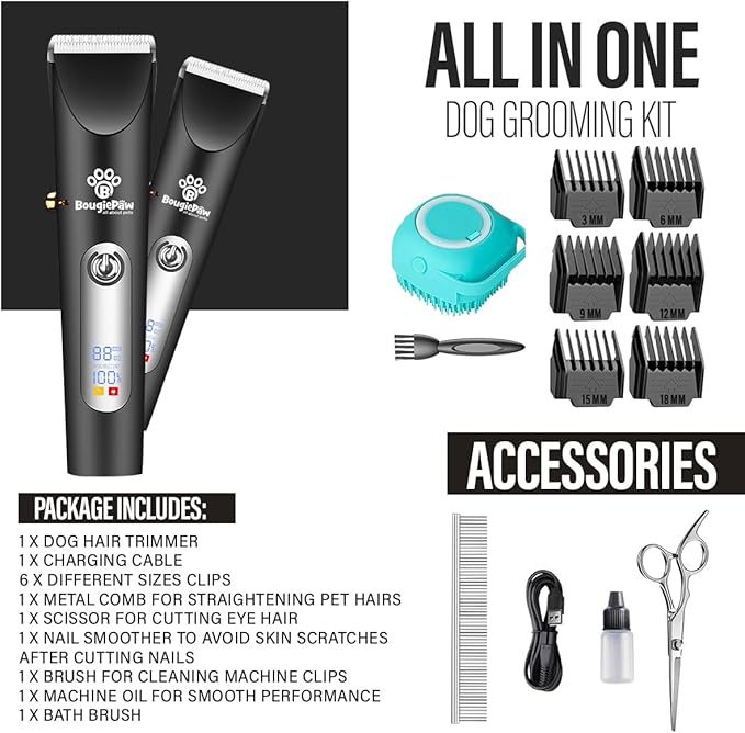 Grooming Kit for Dogs at Home - Rechargeable Low Noise Cat & Dog Clippers for Grooming Thick Hair - Cordless Grooming Clippers Includes Pet Hair Clippers, Nail Trimmer, Shears & Bath Brush