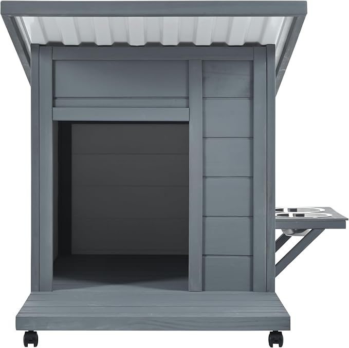 Dog House with Terrace,Weatherproof PVC Roof Small Dogs Kennel W/ 2 Feeding Stainless Bowls and 4 Wheels,Indoor & Outdoor Pine Dog Cage,Easy to Assemble,for Small Dogs,Pets,Gray
