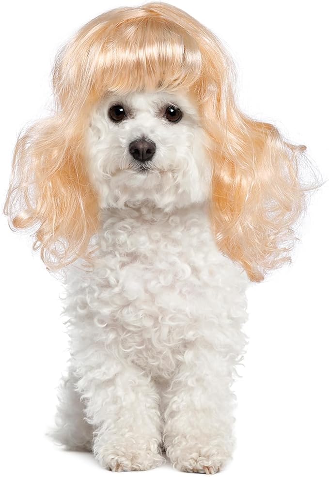 Dog Cat Cosplay Wig Long Blonde Curly Hair with Adjustable Elastic Bands Pet Wigs for Halloween, Christmas, Festivals, Pet Cosplay Costumes Accessories for Dog Cat (Blond)