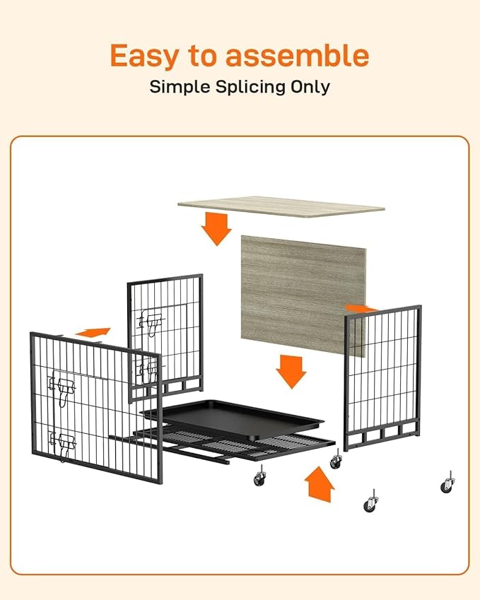 Dog Crate Furniture, Dog Kennel with Dual Doors, Dog Crates Furnitures with Removable Tray & 360° Wheels, Indoor Home for Small Dogs (Grey & Black, Small)