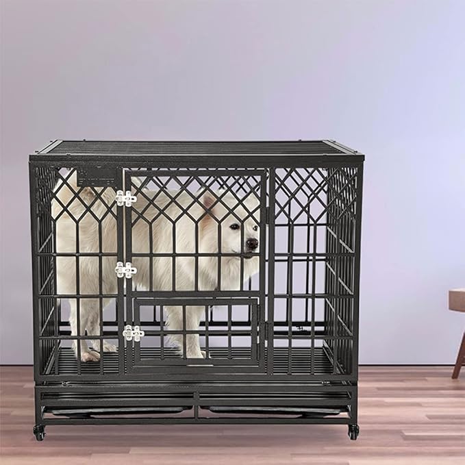 SMONTER Heavy Duty Dog Cage for Large Dog Strong Metal Kennel and Crate Pet Playpen with Three Doors, Four Wheels,42 Inch,Y Shape,Silver … … …