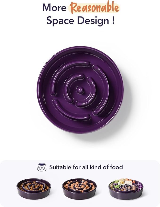 LE TAUCI Ceramic Slow Feeder Dog Bowls Elevated, 3 Cups Raised Dog Bowl with Wooden Stand for Medium Large Breed, Dog Dishes to Slow Down Eating, Puzzle Dog Food Bowl, Maze Purple