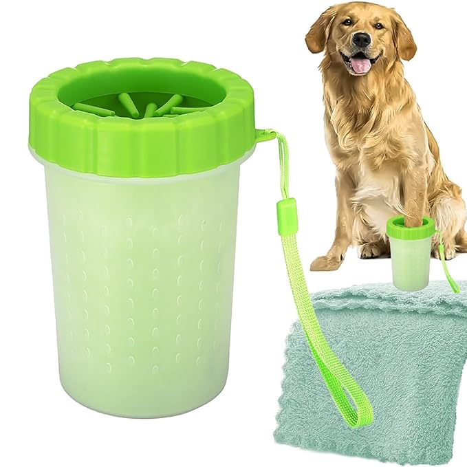 Dog Paw Cleaner Cup – Portable & Mess-Free Pet Paw Washer for Small & Medium Dogs, Silicone Bristle Paw Cleaner with Quick-Dry Towel – Easy Dog Paw Washing Cup for Muddy Paws (green, one size)