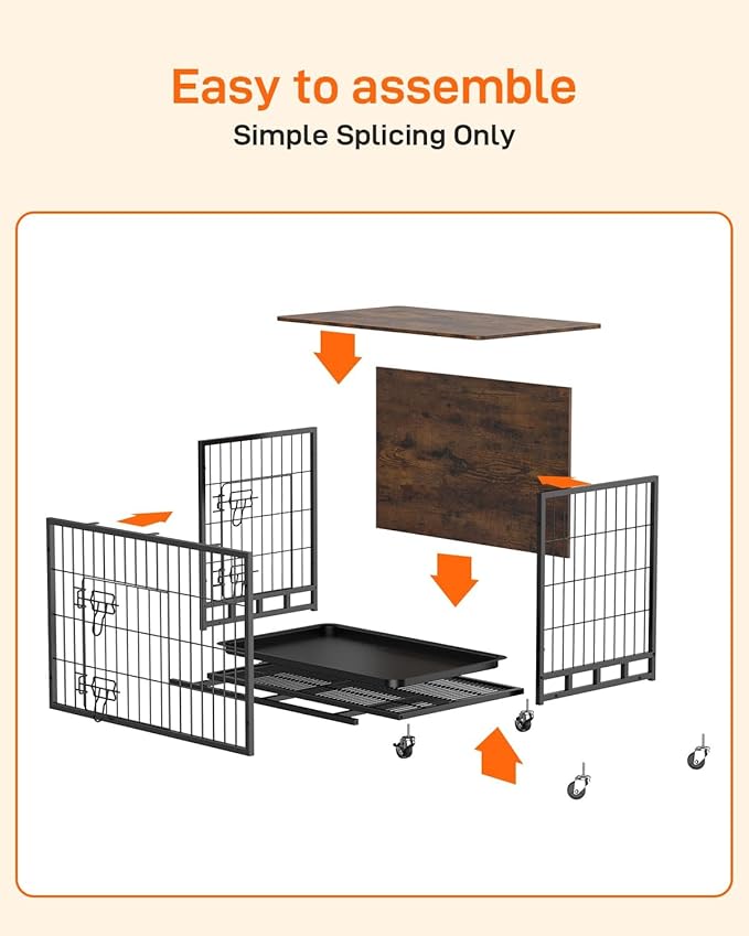 Dog Crate Furniture, 38" Dog Kennel End Table, Wooden Dog Cage with Wheels & Double Doors, Dog Crate Indoor Dog House for Large Medium Dogs, Rustic Brown