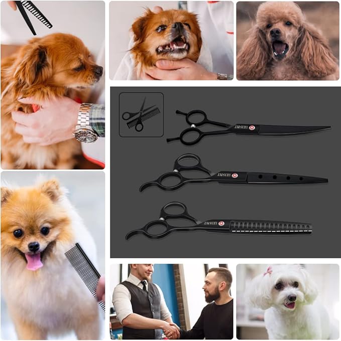 LILYS PET Professional PET DOG Grooming scissors Cutting&Curved&Thinning shears,Round Hole Design, Shark Teeth Thinning scissor (7", Black)