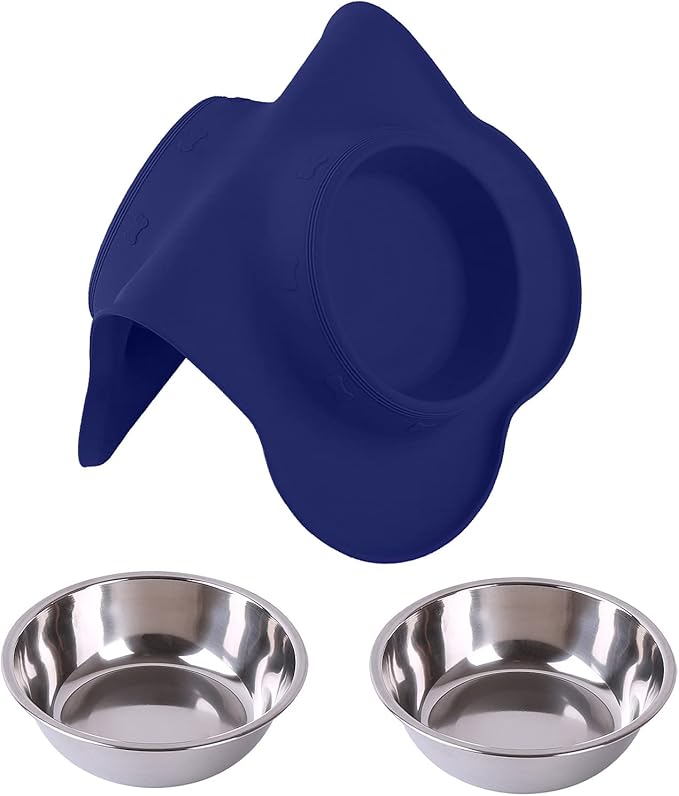 Hubulk Pet Dog Bowls 2 Stainless Steel Dog Bowl with No Spill Non-Skid Silicone Mat + Pet Food Scoop Water and Food Feeder Bowls for Feeding Small Medium Large Dogs Cats Puppies (Medium, Navy Blue)