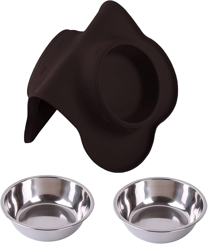 Hubulk Pet Dog Bowls 2 Stainless Steel Dog Bowl with No Spill Non-Skid Silicone Mat + Pet Food Scoop Water and Food Feeder Bowls for Feeding Small Medium Large Dogs Cats Puppies (Small, Chocolate)