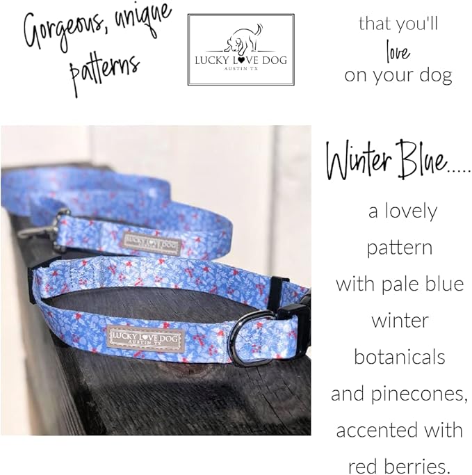 Lucky Love Dog Wide Dog Collar - Adjustable, Durable, Soft Webbing, & Comfortable 1.5 inch Wide Collar for Dogs Male and Female - in Winter Blue Pattern with Strong Buckle, Large Size