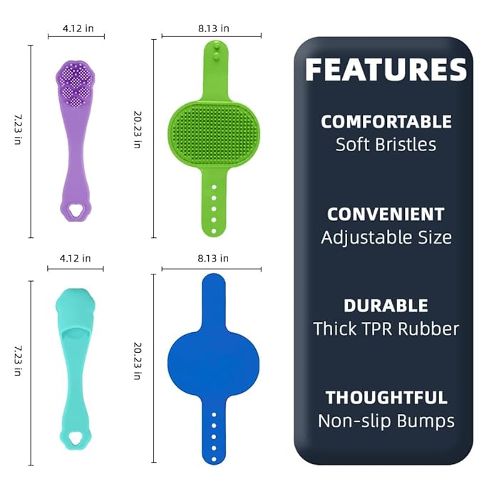 4PCS Dog Bath Brush | Scrubber for Bath | Shampoo Brush | Toothbrush | Finger Toothbrush | Dog Shower/Washing Brush with Adjustable Ring Handle - Pet Bath Supplies (Blue Green)