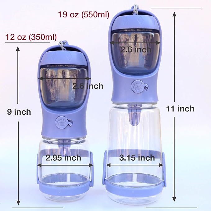 Dog Water Bottle with Food Container Holder, Travel Puppy Drinking Bowl, Portable Pet Water Dispenser, Patented Design, Food Grade Plastic 12 oz Water Bottle+100g Snack cans