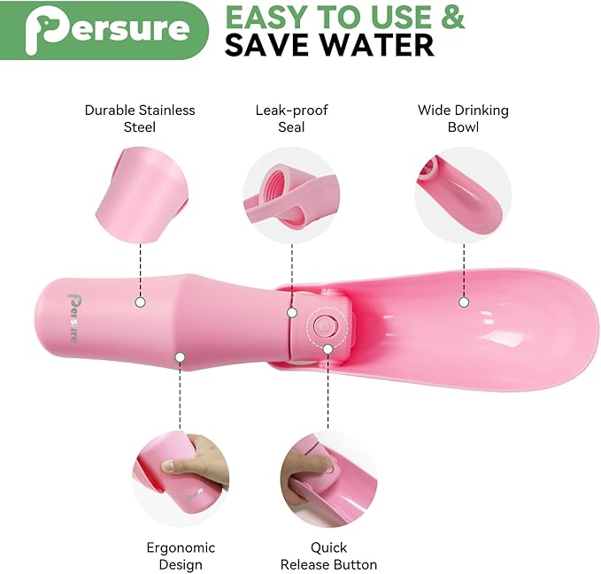 27 OZ Dog Water Bottle Portable Stainless Steel Convenient Pet Water Dispenser, Leak Proof Puppy Travel Water Bowl for Dog Outdoor Walking, Hiking, Perfect Size for All Dog Breeds, Pink