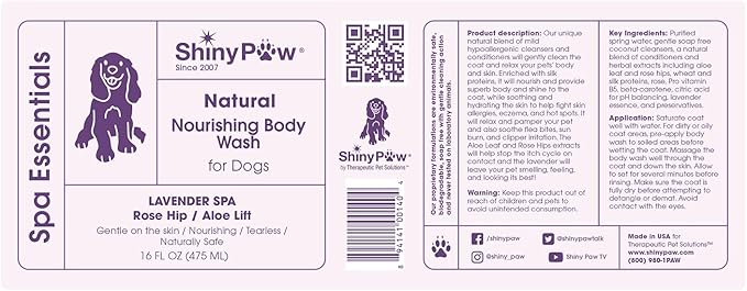 Lavender Shampoo Spa Essentials Nourishing Dog Body Wash 16 oz by Shiny Paw | Anti Itch Shampoo for Dogs | Dog Bath Coat Cleansing for Dogs | Made in The USA