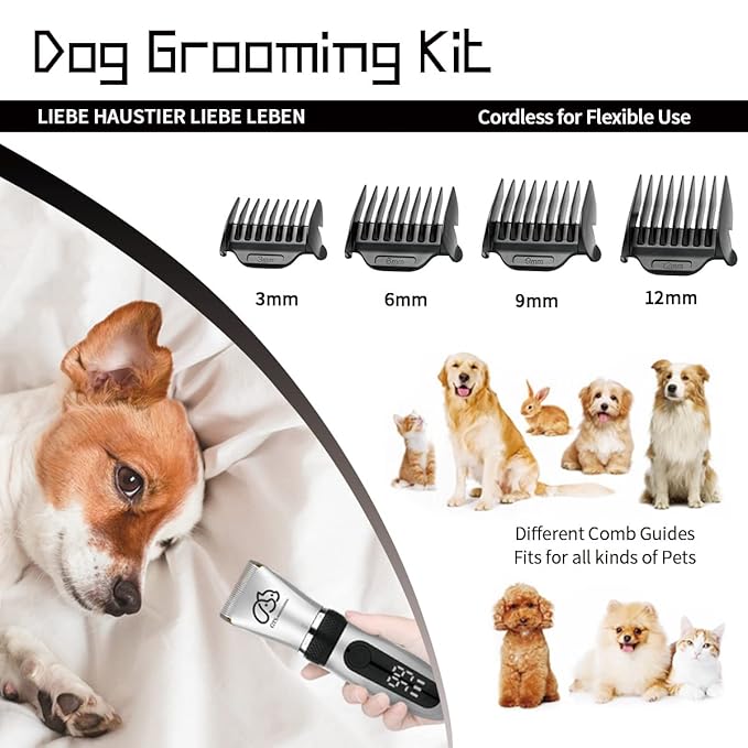 GTS Pet Clippers Professional Dog Grooming kit Adjustable Low Noise High Power Rechargeable Cordless Pet Grooming Tools, Hair Trimmers for Dogs and Cats, Washable(IPX5, with LED Display.