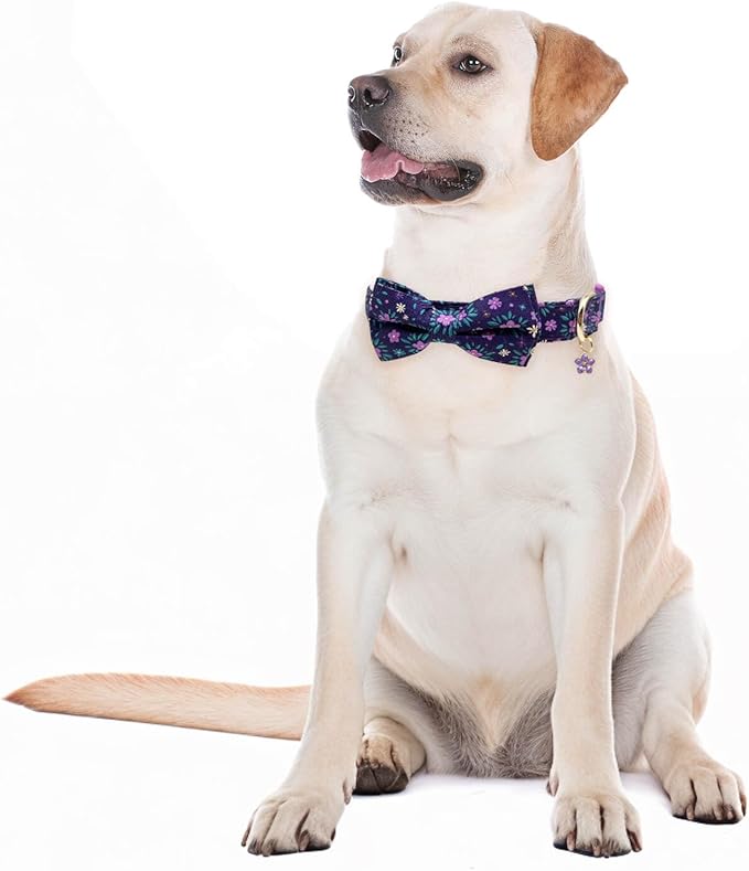Fashionable Dog Collar with Bow Tie for Small Medium Large Dogs,Cute and Soft Puppy Collar for Male Female Dogs,Durable Cotton Dog Collar with Adjustable Buckle Butterfly Pattern (L, Purple Flower)