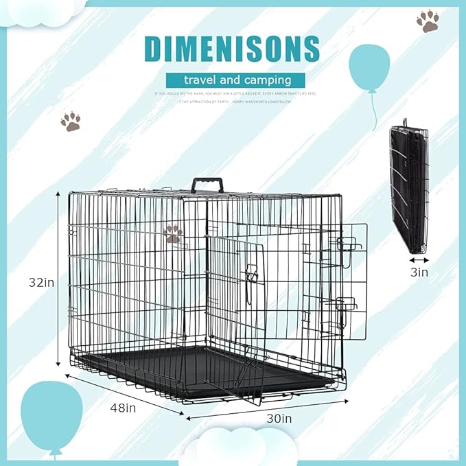 Dog Crate Cage Kennel for Large Medium Dogs Pet Puppy Playpen Wire Animal Metal Folding Travel Divider Double-Door Handle Plastic Tray Indoor Outdoor Double Lock Black Rabbit 24 30 36 42 48 inches