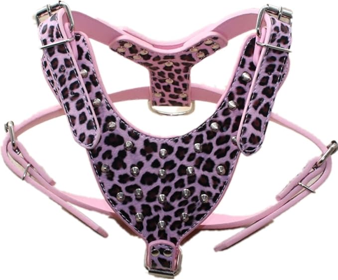 Spiked Leather Dog Harness Chest for 26"~34" Large Dogs Pitbull Mastiff Boxer Bully Black/Pink/Red/Gold Brown/Leopard/Brown (Spiked Leopard)
