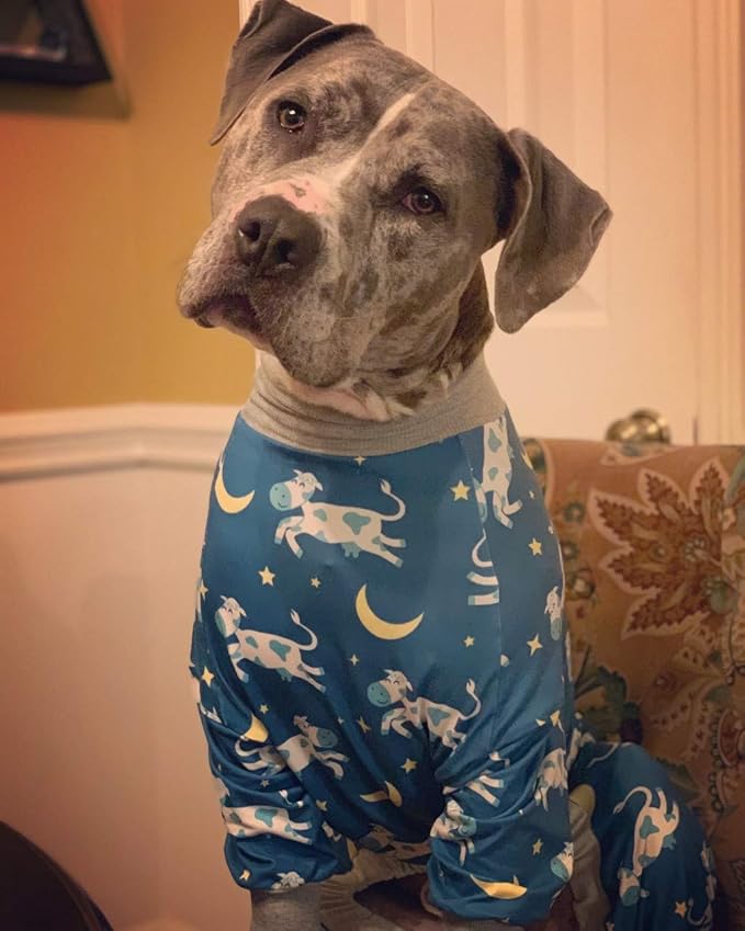 Tooth and Honey Pit Bull Pajamas/Cow Moon Star Print Dog Jumpsuit Onesie Full Coverage Lightweight Pullover Large Dog pjs