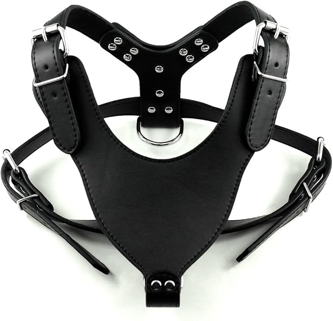 Leather Dog Harness Chest for 26"~34" Large Dogs Pitbull Mastiff Boxer Bully Black/Pink/Red/Gold Brown/Leopard/Brown (Black)