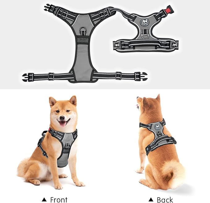 PoyPet No Pull Dog Harness, No Choke Front Clip Dog Reflective Harness, Adjustable Soft Padded Pet Vest with Easy Control Handle for Small to Large Dogs(Grey,M)