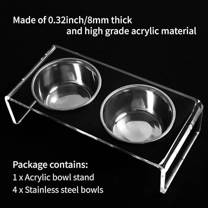 Acrylic Elevated Dog Cat Bowls Pet Feeder Double Bowl Raised Stand Comes with 4 Removable Stainless Steel Bowls. Perfect for Cats Puppies Small Dogs, 3.75 Inch
