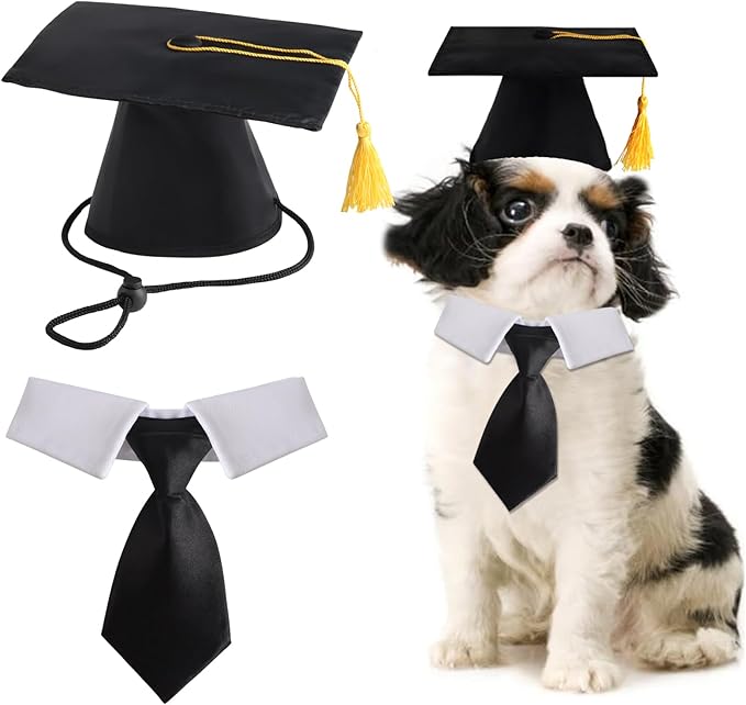FOIMAS Dog Graduation Hats,Pet Graduation Caps Adjustable with Yellow Tassel and Necktie Collar for Dog Cat Graduation Hats Costume Accessory
