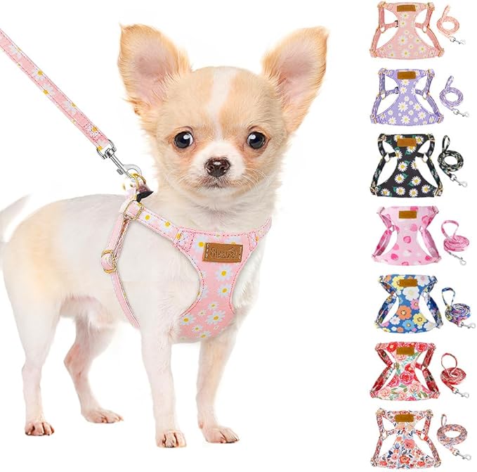 SlowTon No Pull Dog Harness with Leash - Soft Lightweight Floral Pattern Puppy Harness, Adjustable Pet Harness for Small Medium Dogs (Pink Daisy XXS)