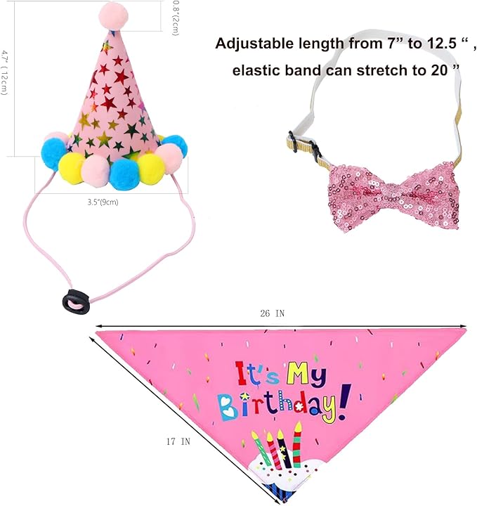Girl Dog Puppy Theme Decorations With Dog Birthday Hat,Bow Tie,Bandana,Banner (Pink 4 Pack, Small, Medium, Large)