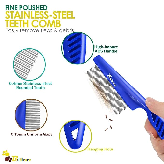 3 Pack Dog Grooming Comb, Flea Lice Pet Combs, Stainless Steel Cat Combs with Rounded Teeth, Professional Metal Tear Stain Remover, Dematting Tool for Small, Medium & Large Pets