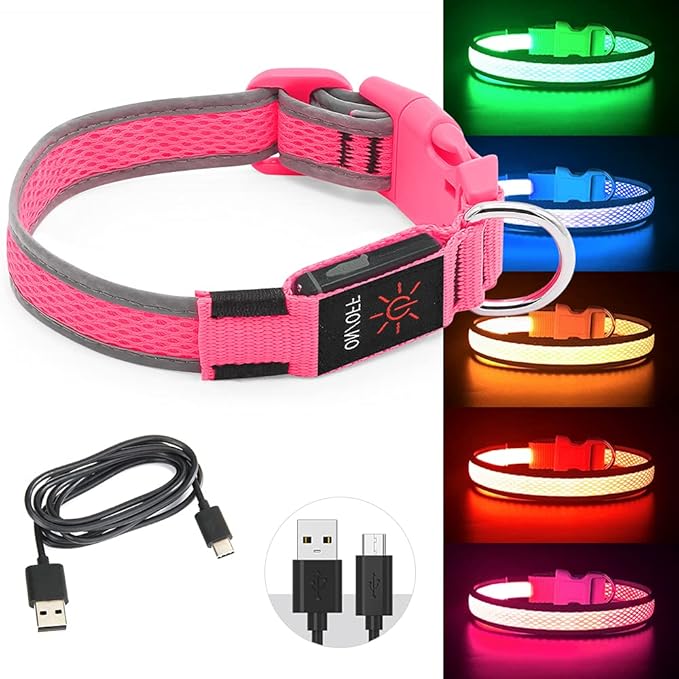 BSEEN Light up Dog Collar Lights for Night Walking - Waterproof LED Dog Collar Light Rechargeable Glow in The Dark Dog Collars for Small Dogs (Pink, Small)