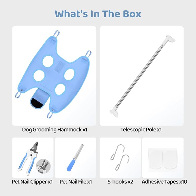 Upgraded Dog Grooming Hammock with Tension Rods, Small Pet Hanging Harness, Dog Sling for Nail Trimming with Pet Nail Clippers, Nail Trimmers -M