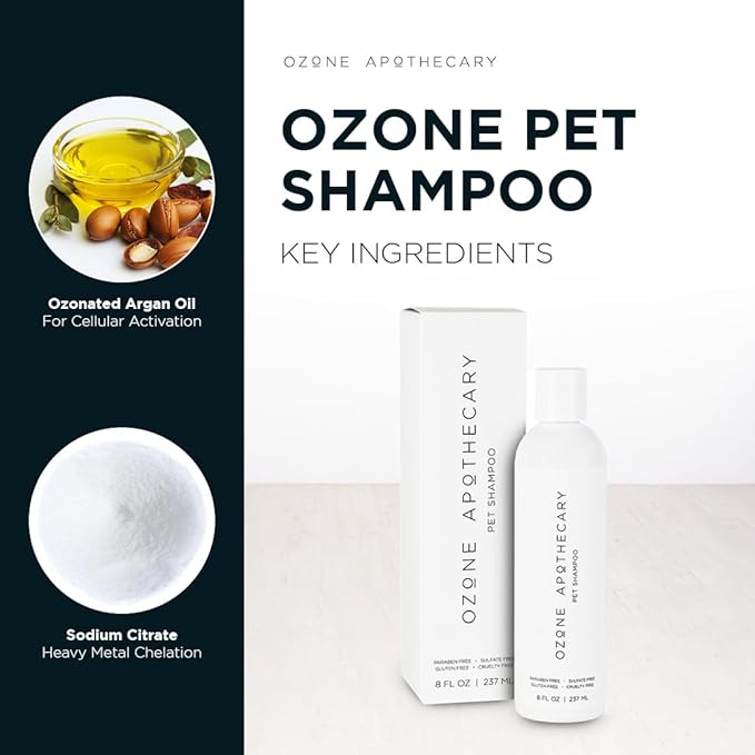 Pet Ozone Shampoo | Ozone Infused Argan Oil Pet Shampoo | Natural Cleanser for Animal Skin and Fur | Ozonated Wash for Dogs & Cats