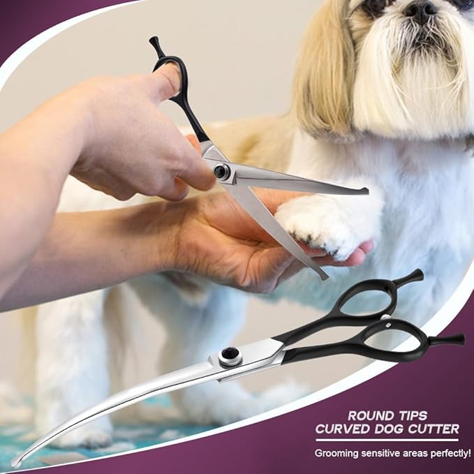 Dream Reach 8" Downward Curved Dog Grooming Scissors for Trimming Face and Paws, Safety Round Tip Shears for Pet Dogs and Cats, Professional Pet Grooming Scissors Black