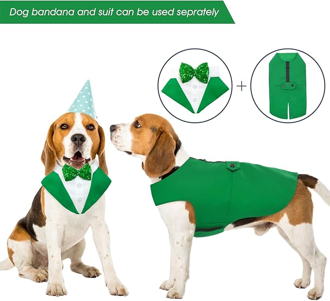 Kuoser St. Patrick's Day Dog Tuxedo Suit and Bandana Set, Large Dog Wedding & Party Attire, Prince Bow Tie Shirt, Golden Retriever, Samo Bulldogs