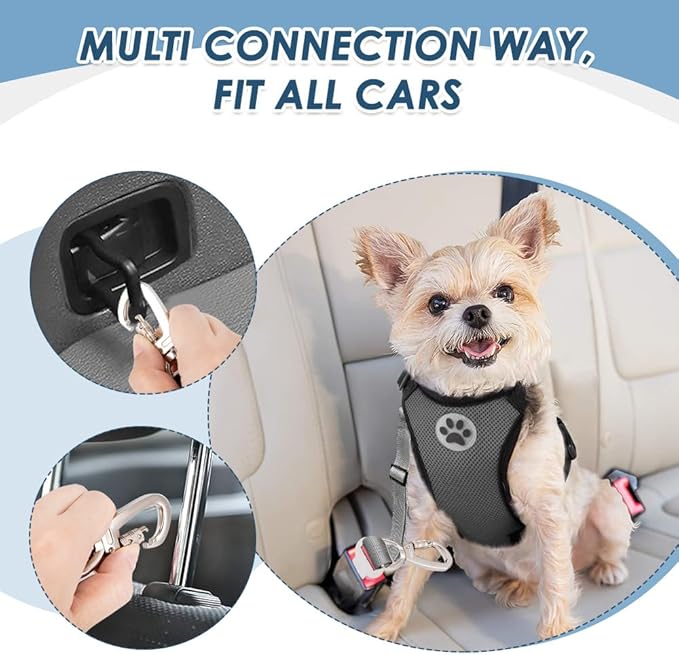 SlowTon Dog Seatbelt, 2 Pack Dog Seat Belt Car Leash Adjustable Elastic Bungee Buffer Heavy Duty Nylon Reflective Pet Safety Tether Connect to Dog Harness for Travel Riding in Vehicle (Daul Clip, GY)