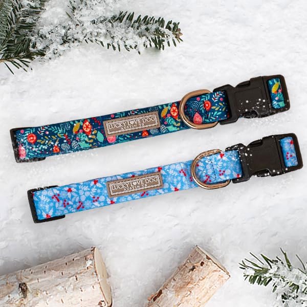 Lucky Love Dog, Blue Winter Pinecones Dog Collar and Leash Set, Vivid Winter Ornaments Dog Collar and Leash for Girl or Boy Dogs - (Large, SweetHoliday Combo)