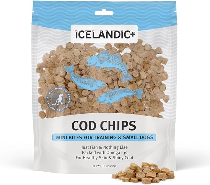 Icelandic+ Mini Fish Chips: Cod 9oz - Dog Treats, for Training & Small Dogs, 2 Ingredient Air-Dried Crunchy Chips
