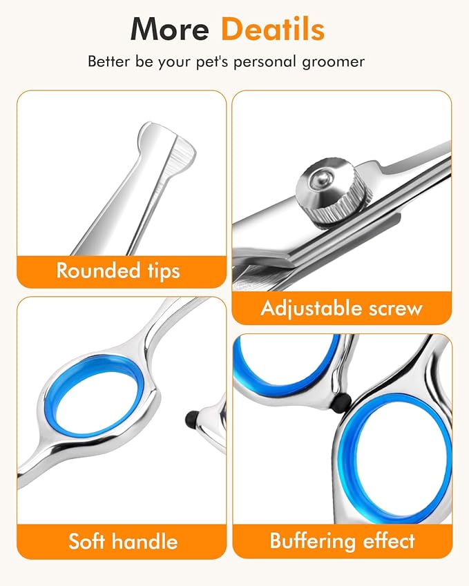 6-in-1 Dog Grooming Scissors - Professional Stainless Steel Hair Cutting Kit with Safety Rounded Tips, Ergonomic Soft-Grip Handles for Small & Large Dogs, Cats