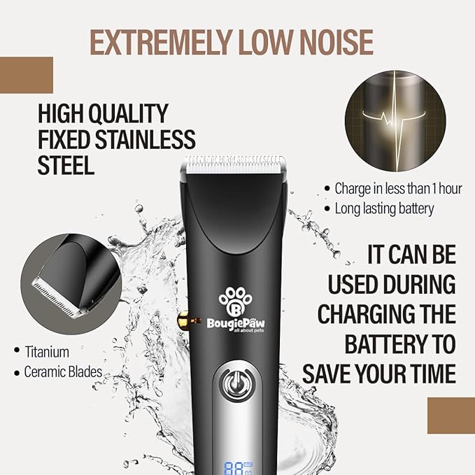Grooming Kit for Dogs at Home - Rechargeable Low Noise Cat & Dog Clippers for Grooming Thick Hair - Cordless Grooming Clippers Includes Pet Hair Clippers, Nail Trimmer, Shears & Bath Brush