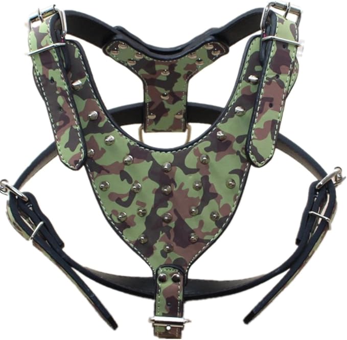 Spiked Leather Dog Harness Chest for 26"~34" Large Dogs Pitbull Mastiff Boxer Bully Black/Pink/Red/Gold Brown/Leopard/Brown (Spiked Camo)