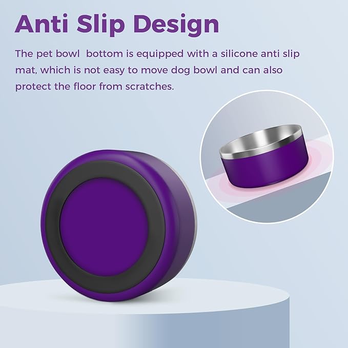 Dog Bowl, Stainless Steel Dog Food and Water Bowl with Non Slip Quiet Bottom, Easy to Clean, Dishwasher Safe, 40oz, Purple