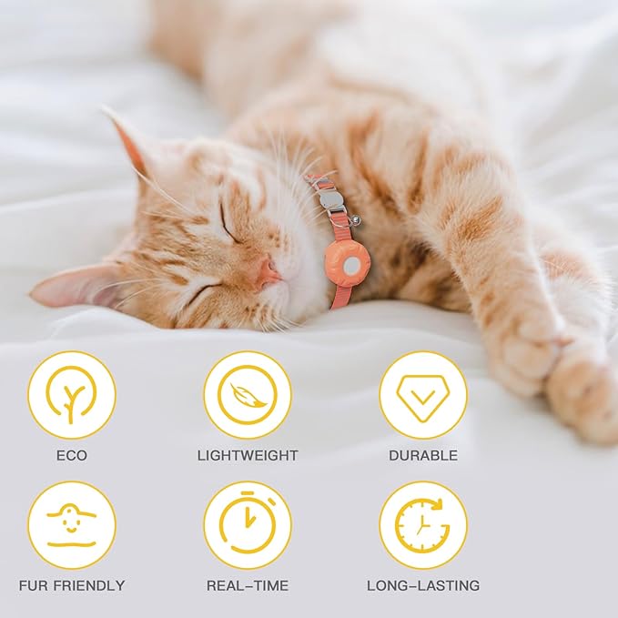 Cat Tracker Collar,No Monthly Fee Tracking Pet Collar with Finder Tag,Compatible with Apple Find My(iOS Only),Breakaway Tractive Design with Reflective Pattern & Bell,Orange