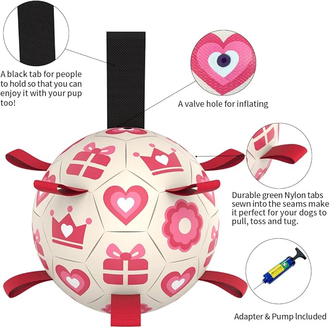 QDAN Pink Dog Toys Soccer Ball with Straps,Interactive Dog Toys for Tug of War,Valentines Gift Puppy Birthday Gifts,Dog Tug Toy,Dog Water Toy,Durable Dog Balls for Medium & Large Dogs(8 Inch)